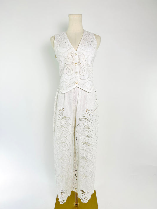 Vintage Pant + Vest Open Weave Embroidered Set