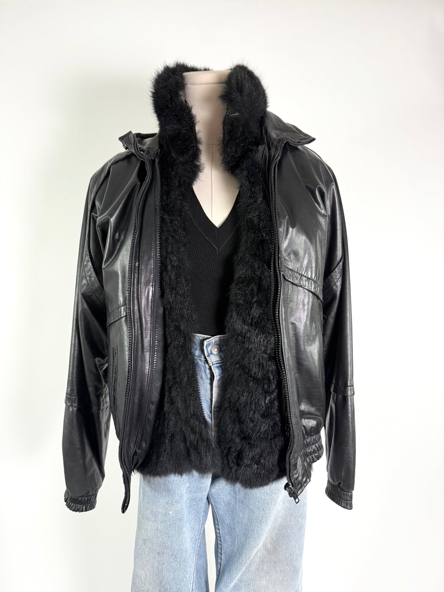 Vintage Black Bomber With Detachable Fur Vest