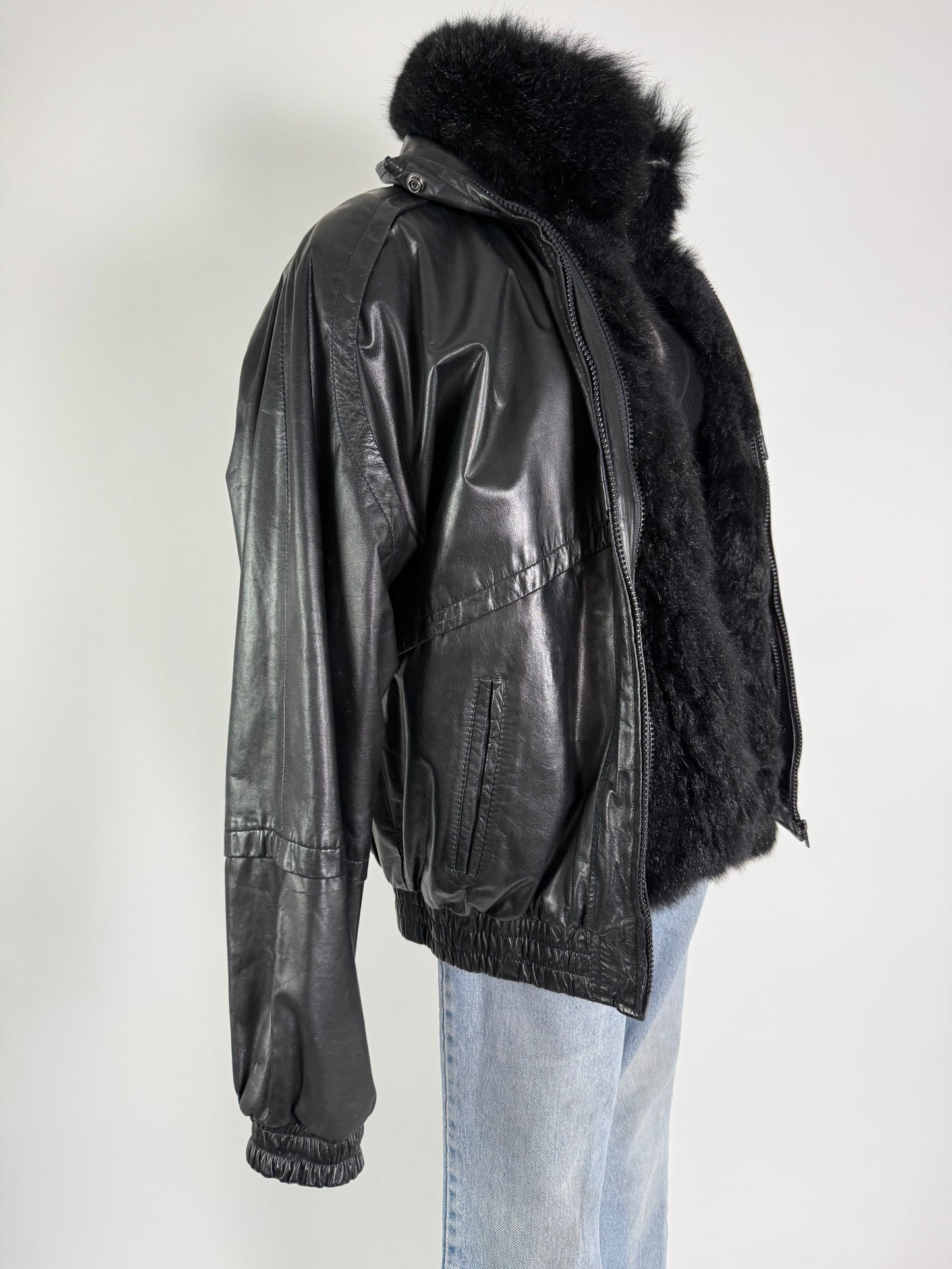 Vintage Black Bomber With Detachable Fur Vest