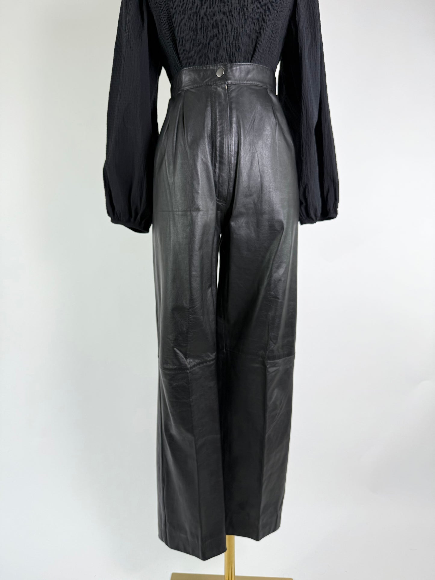 Vintage Black Pleated High Waisted Leather Pants