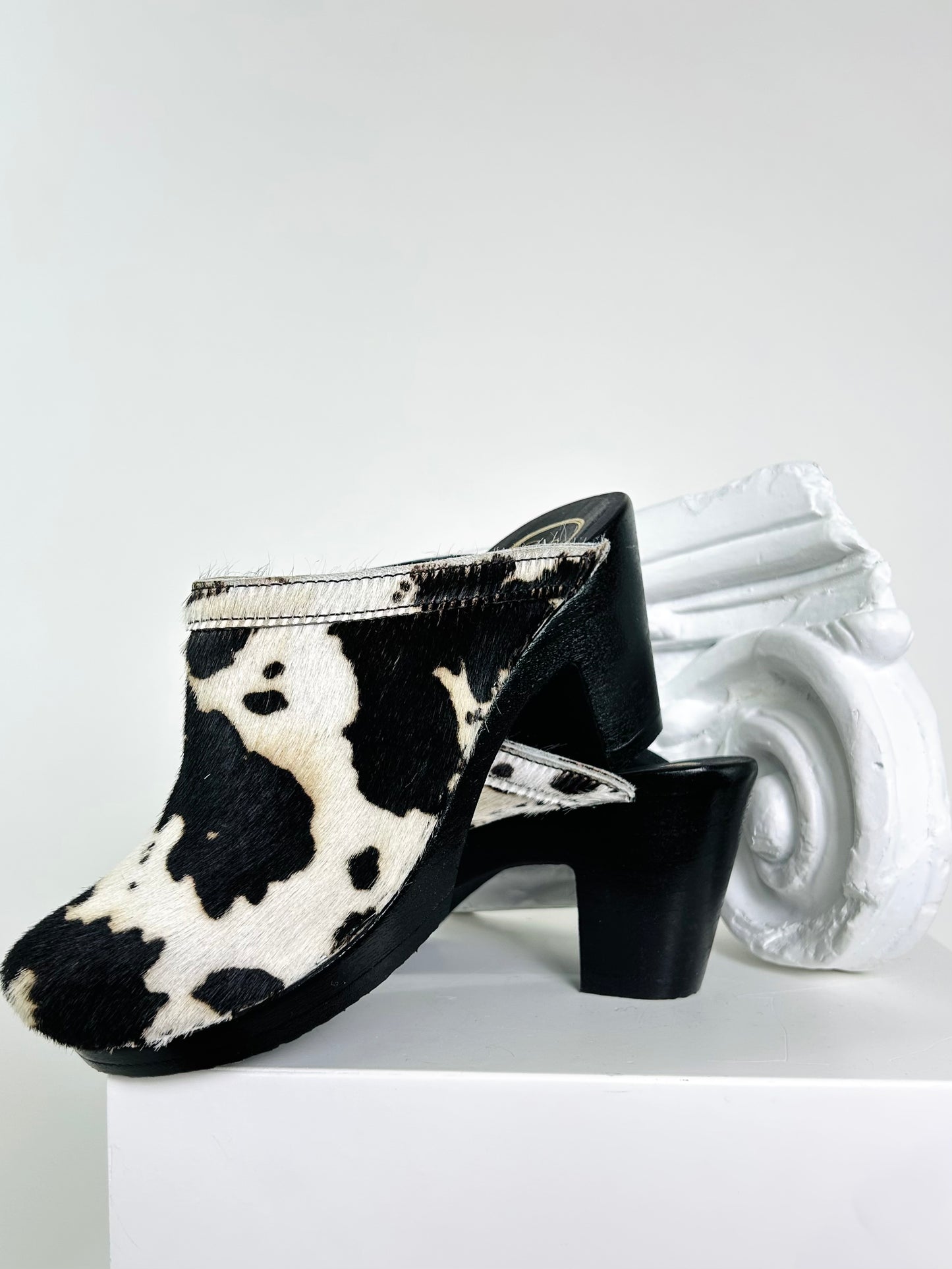 No.6 Black and White Cow Hide Clogs