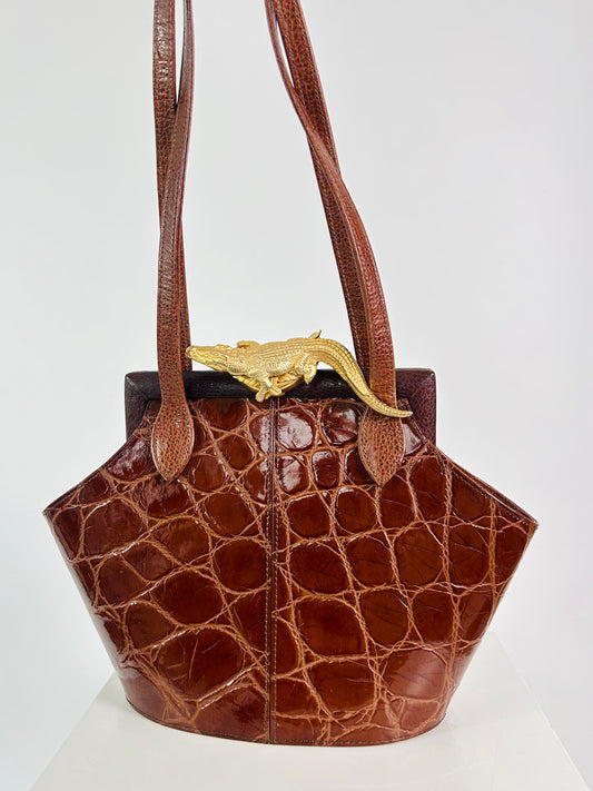 Vintage Brown Moc Croc Handbag with Alligator Clasp