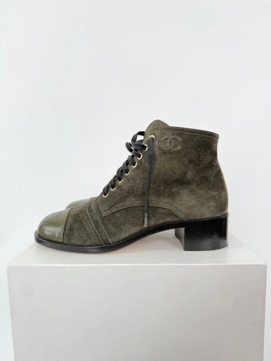 Chanel Army Green Suede Lace Up Bootie