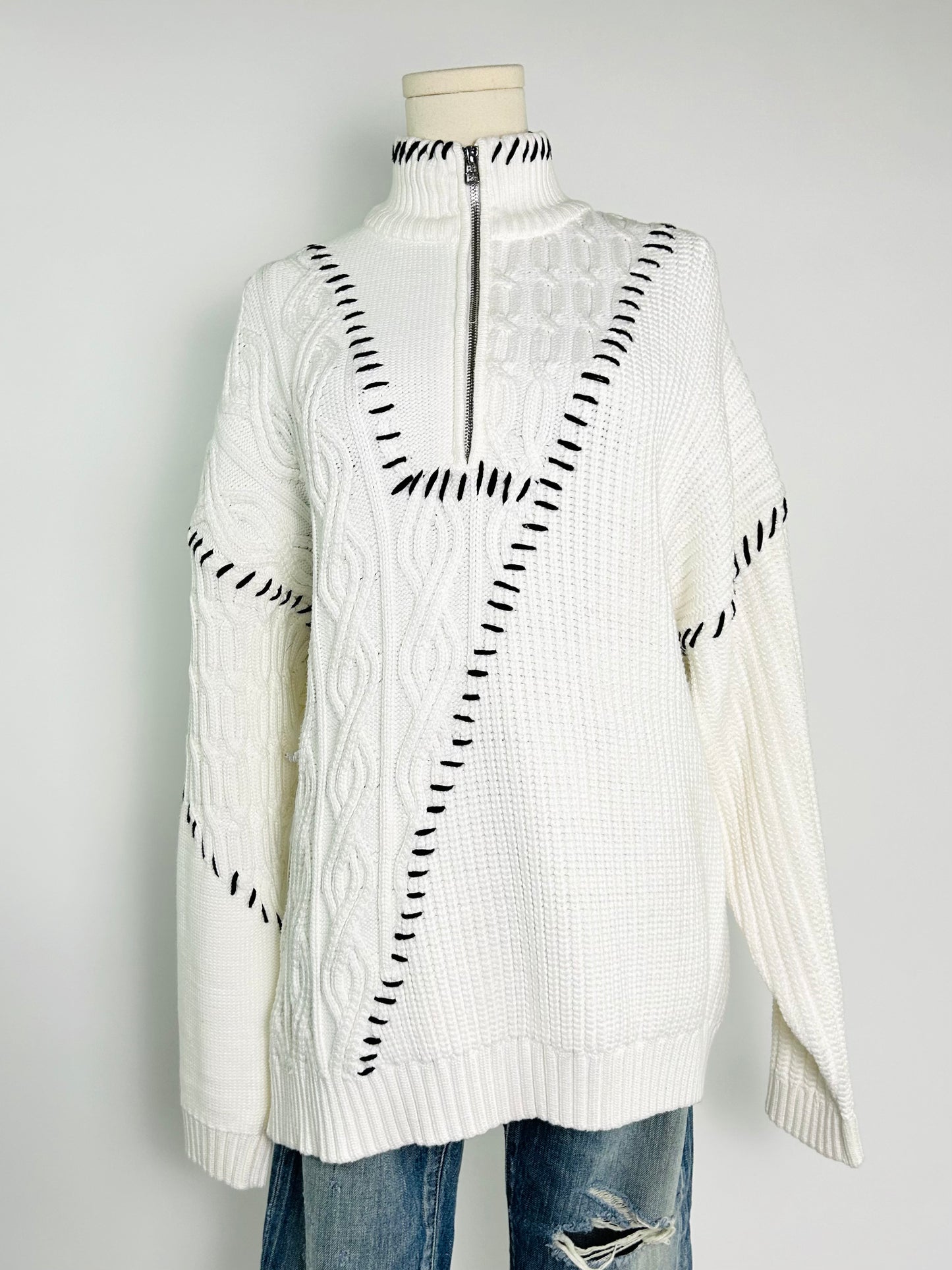 Staud White and Black Pullover Sweater