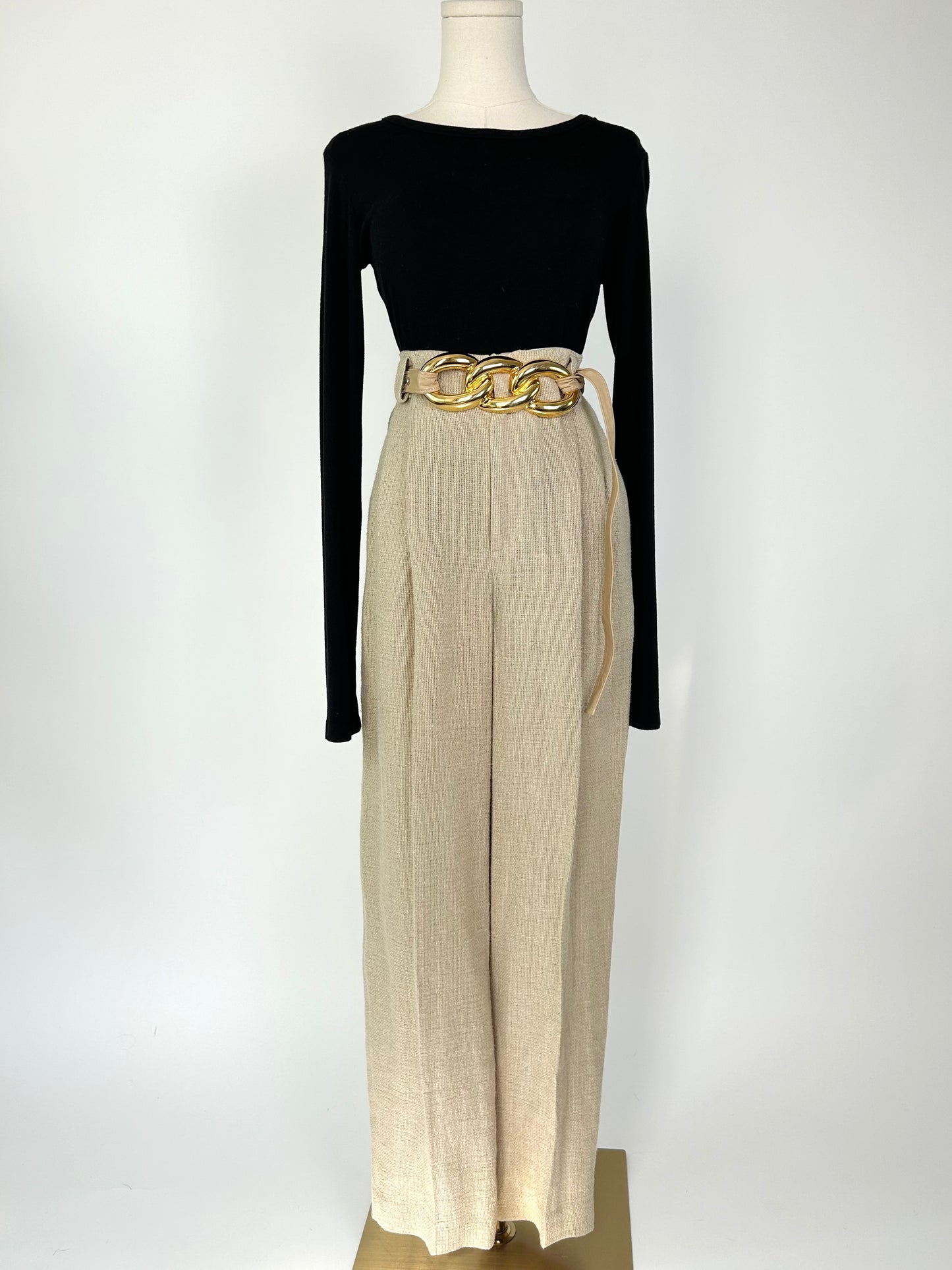 Vintage Linen Pleated Natural Trousers with Relaxed Weave