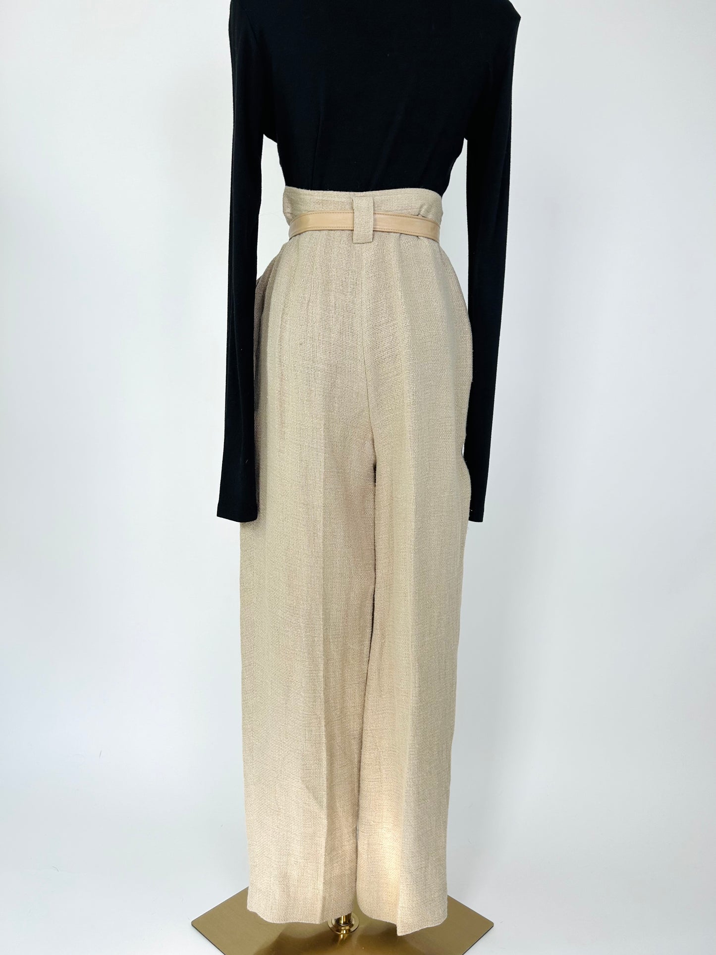 Vintage Linen Pleated Natural Trousers with Relaxed Weave