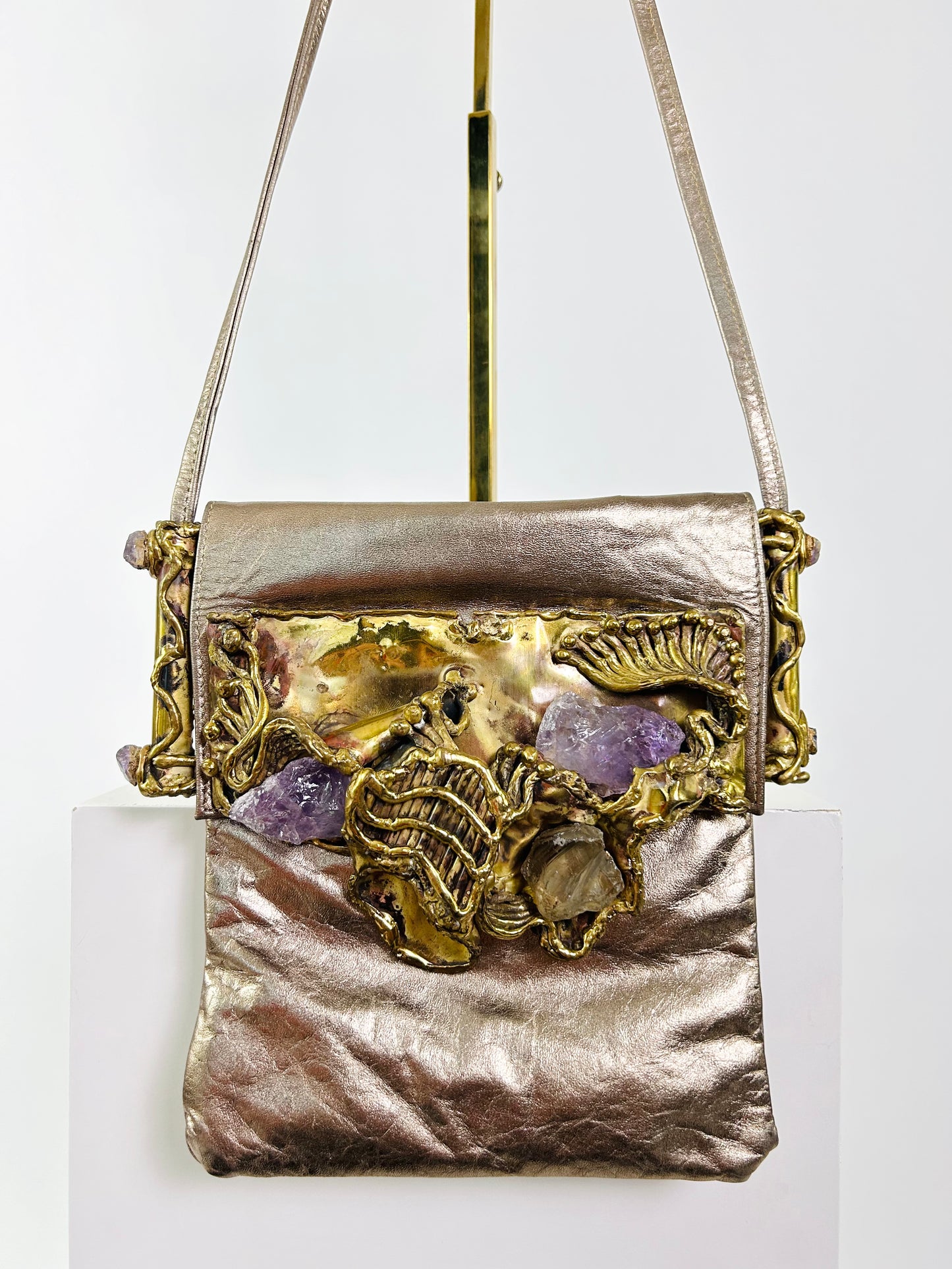 Vintage Bronze Leather, Brass, and Amethyst Bag