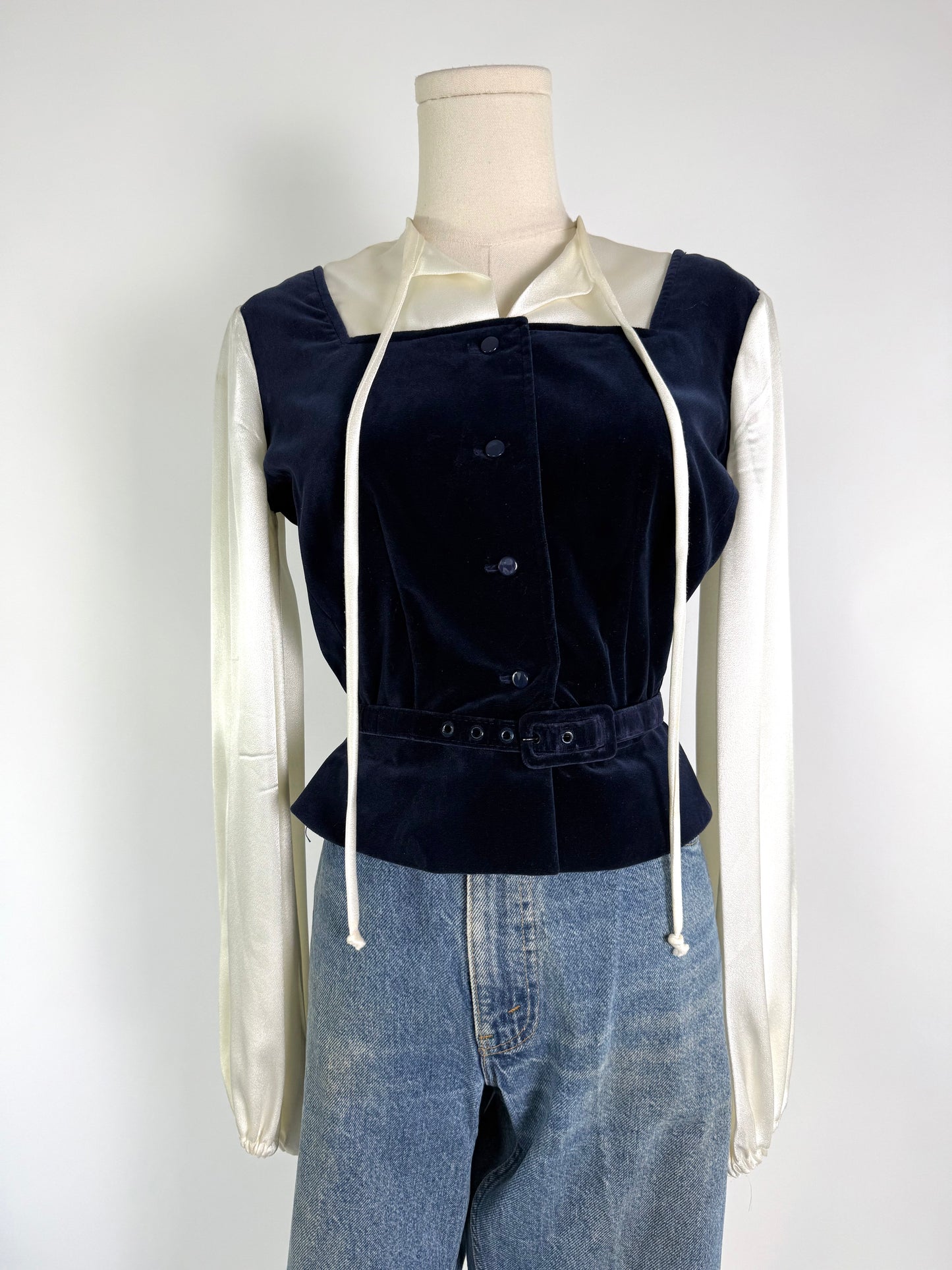 Vintage Victor Costa Cream and Navy Velvet Top