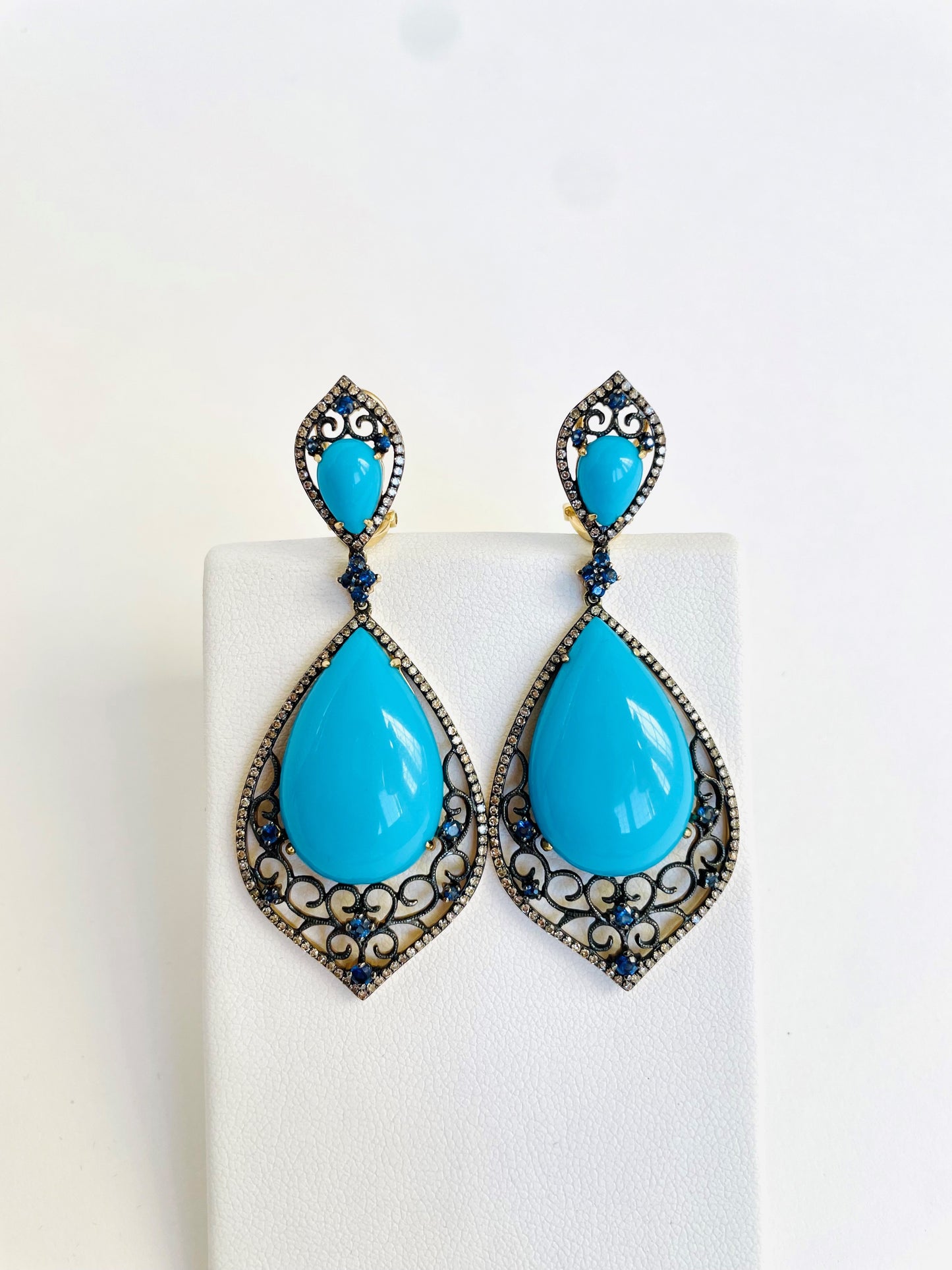 14k Persian Turquoise, Diamond and Sapphire Earrings