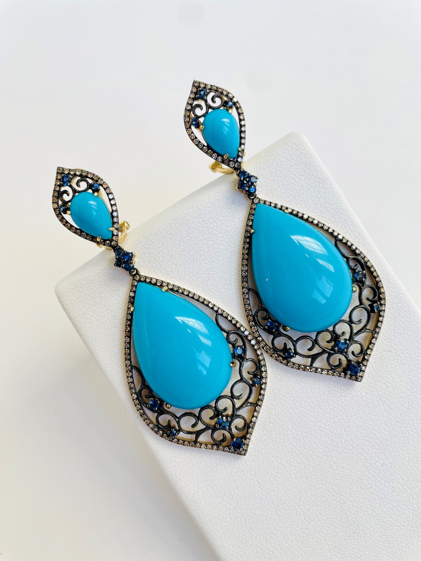 14k Persian Turquoise, Diamond and Sapphire Earrings
